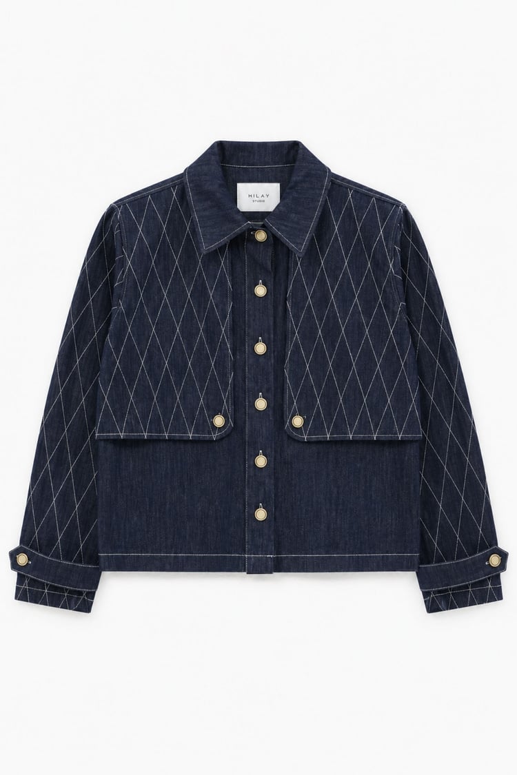 Mono Kapitone Dikişli Denim Ceket LACİVERT