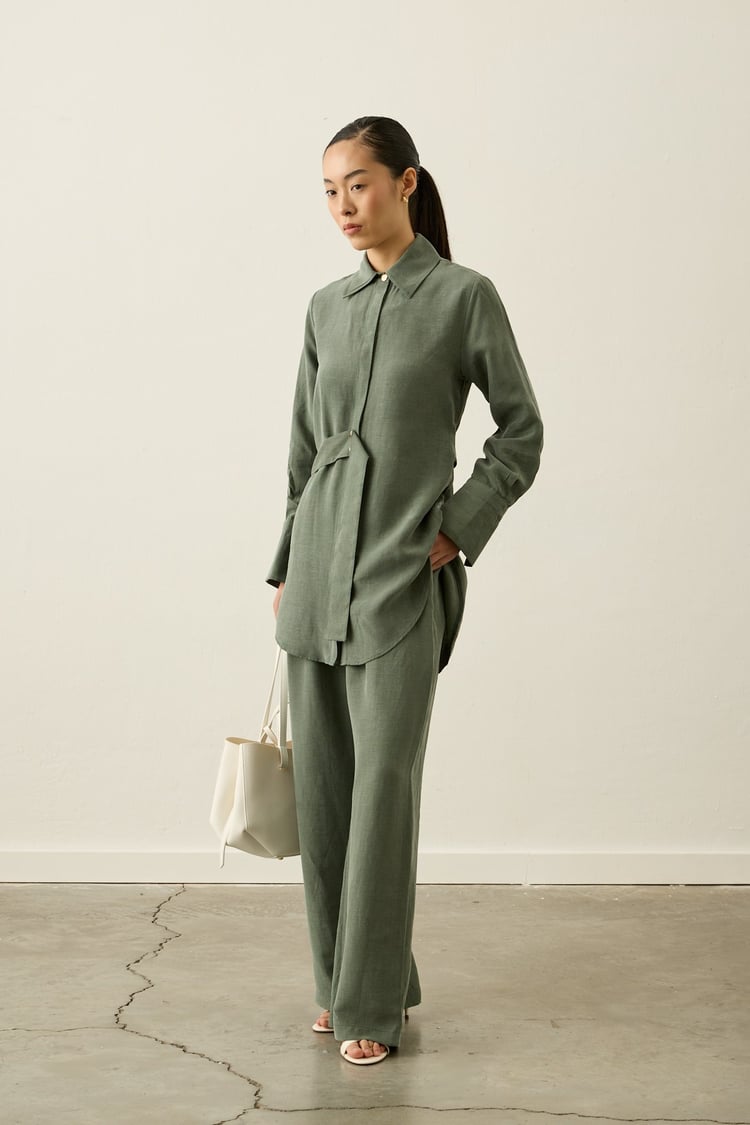 Nova Yandan Kuşaklı Keten Lyocell Pantolonlu Takım HAKİ