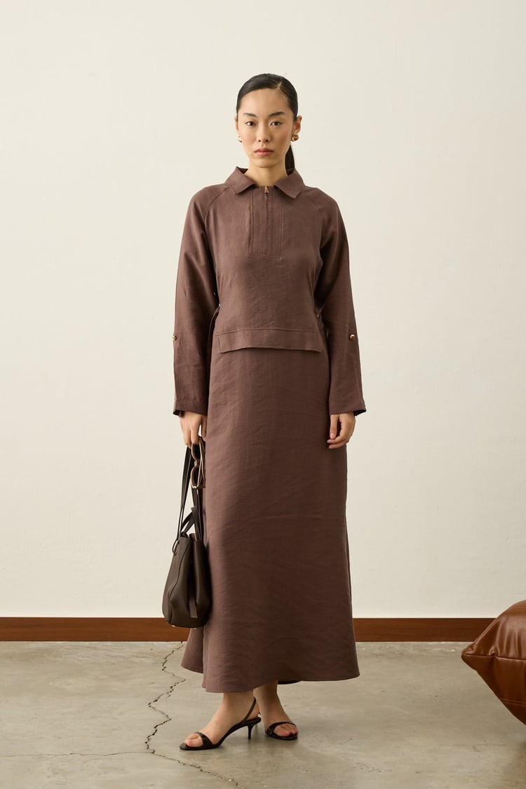 Pasion Fermuarlı D Tokalı Tencel Elbise KAHVERENGİ