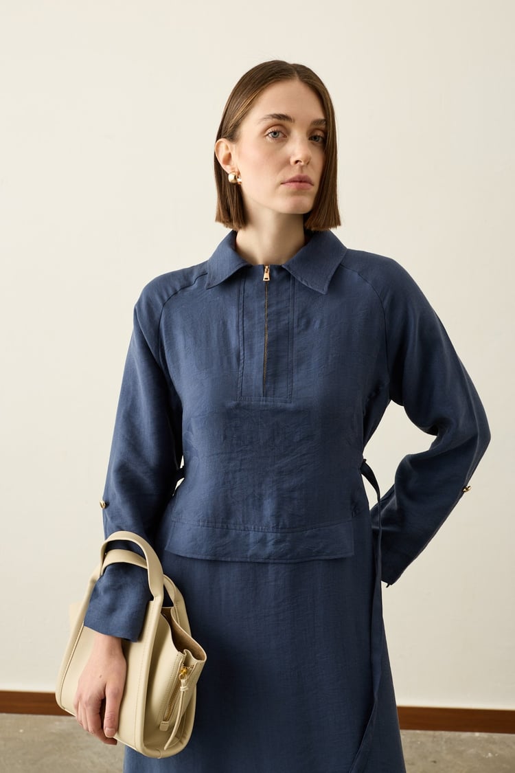 Pasion Fermuarlı D Tokalı Tencel Elbise İNDİGO