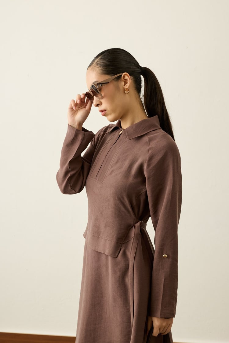 Pasion Fermuarlı D Tokalı Tencel Elbise KAHVERENGİ