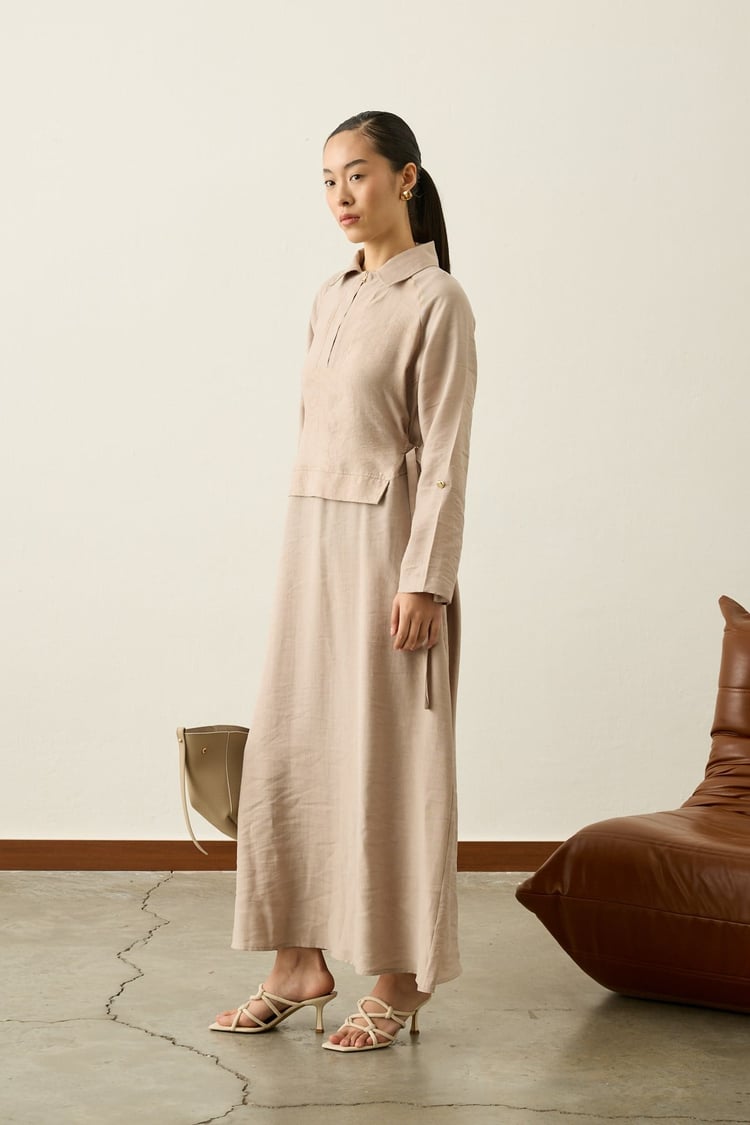 Pasion Fermuarlı D Tokalı Tencel Elbise TAŞ