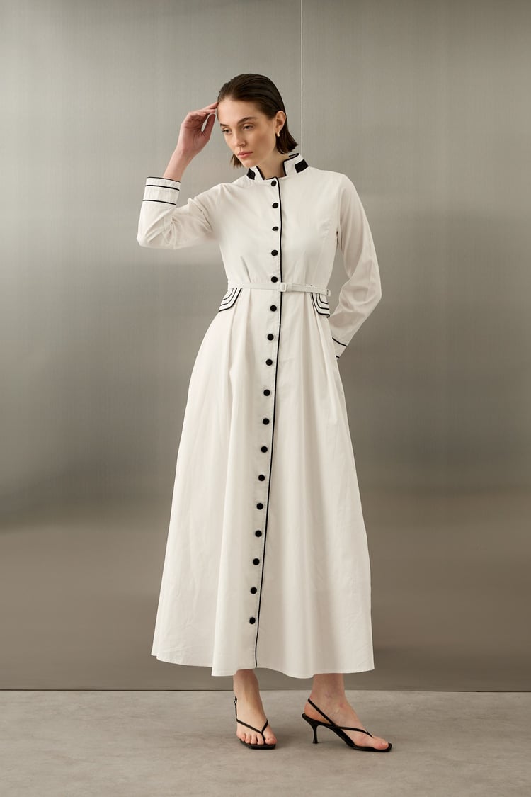 Queen Gabardin Kumaşlı Pamuklu Elbise BEYAZ