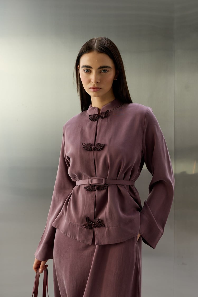 Sakura Çin Düğmeli Lyocell İçlik Elbiseli Takım MÜRDÜM