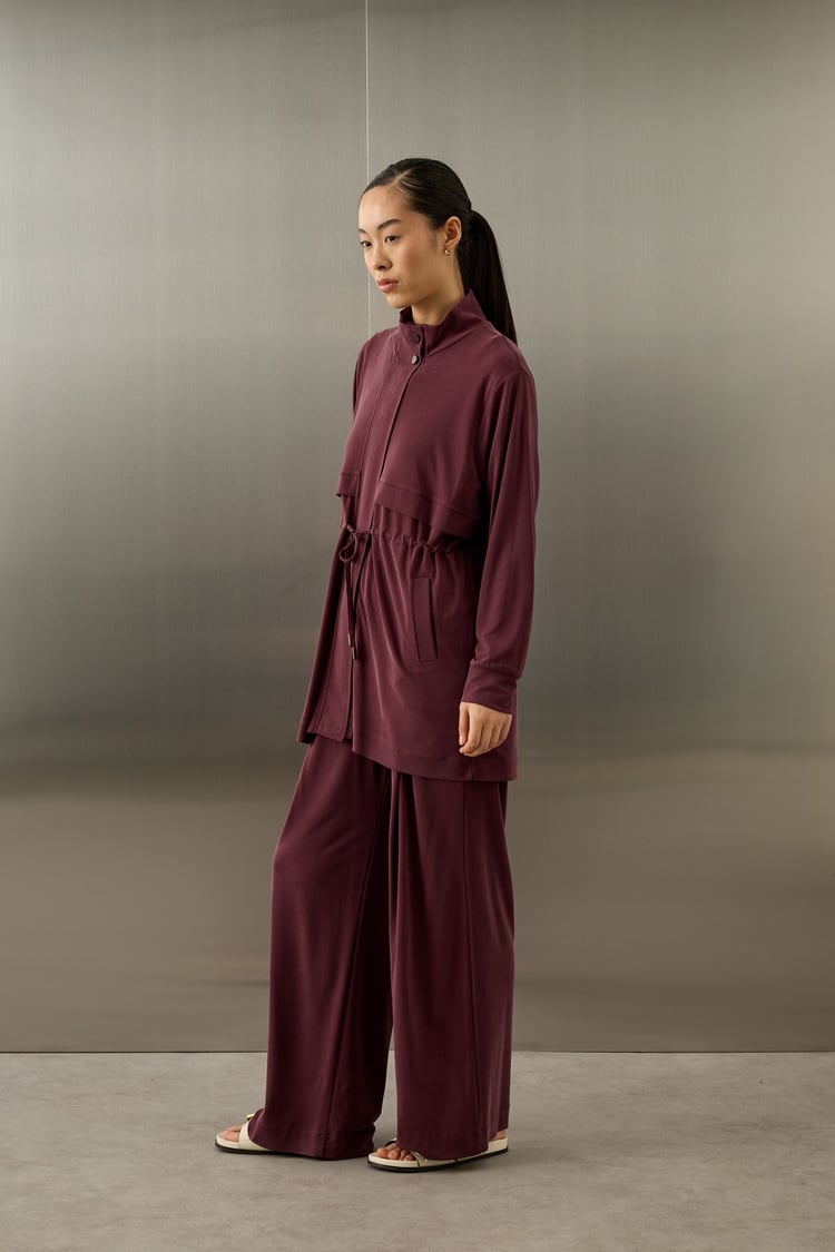 Seul Beli Kuşaklı Örme Rayon Eşofman Pantolonlu Takım MÜRDÜM