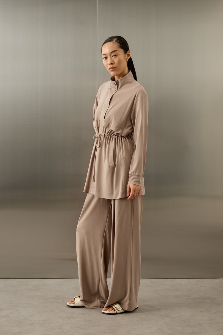 Seul Beli Kuşaklı Örme Rayon Eşofman Pantolonlu Takım VİZON