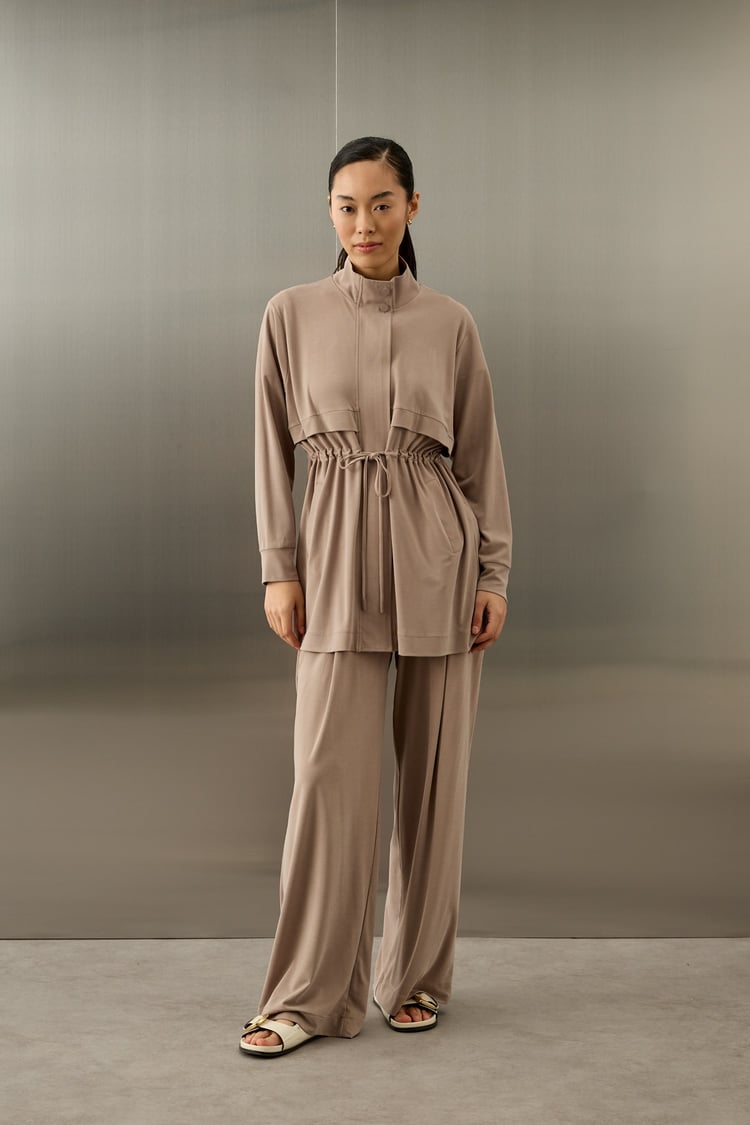 Seul Beli Kuşaklı Örme Rayon Eşofman Pantolonlu Takım VİZON
