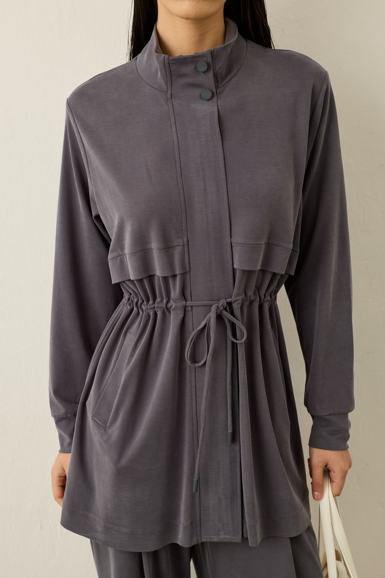 Seul Beli Kuşaklı Örme Rayon Eşofman Pantolonlu Takım GRİ