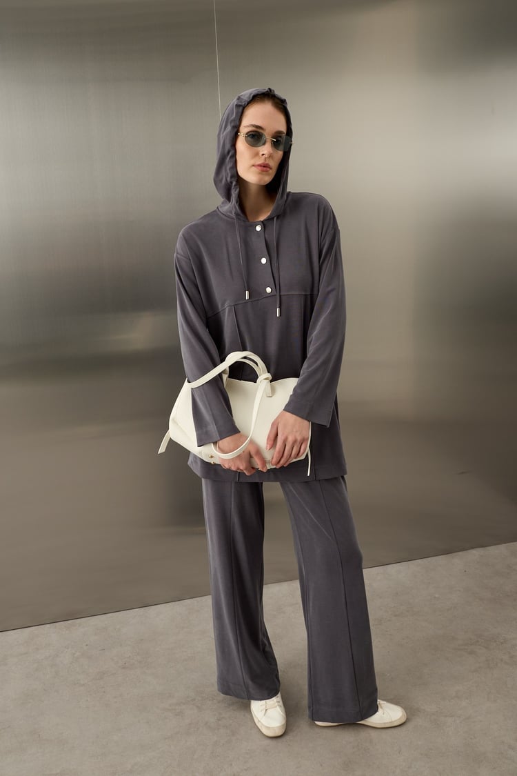 Stone Örme Rayon Eşofman Pantolonlu Takım GRİ