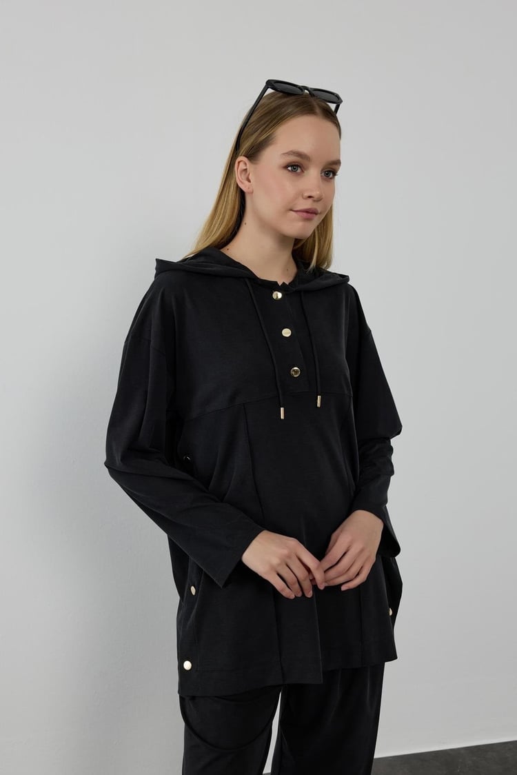 Stone Örme Rayon Eşofman Pantolonlu Takım SİYAH