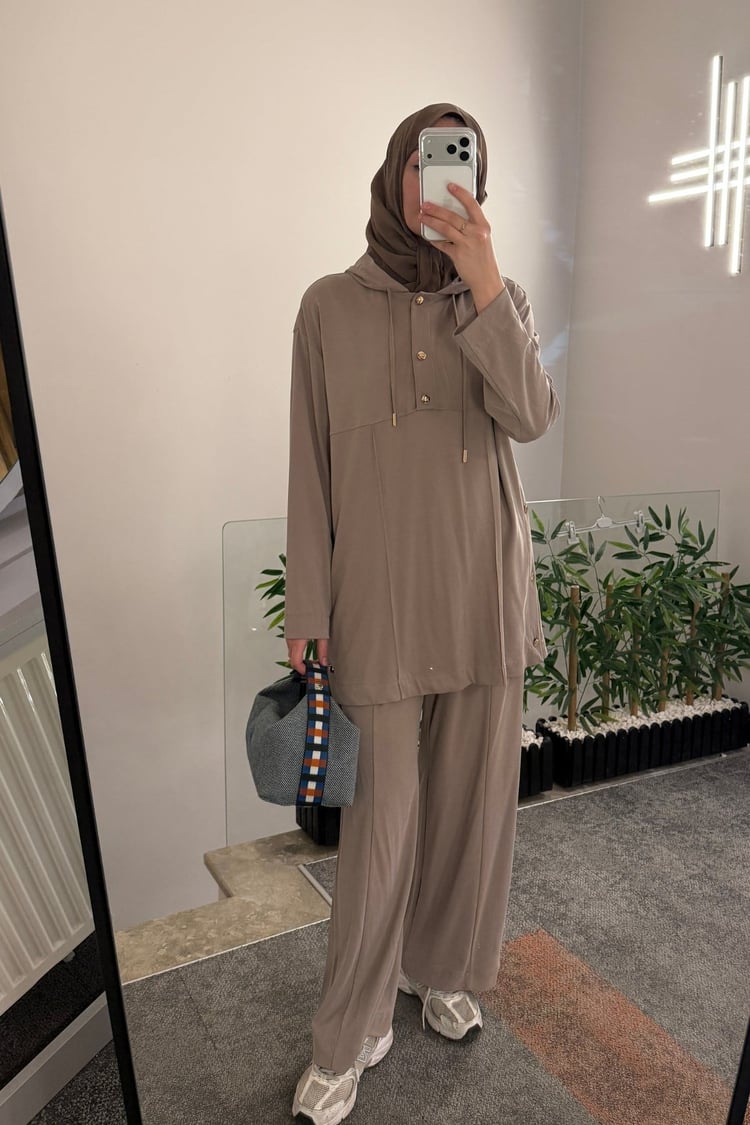 Stone Örme Rayon Eşofman Pantolonlu Takım VİZON