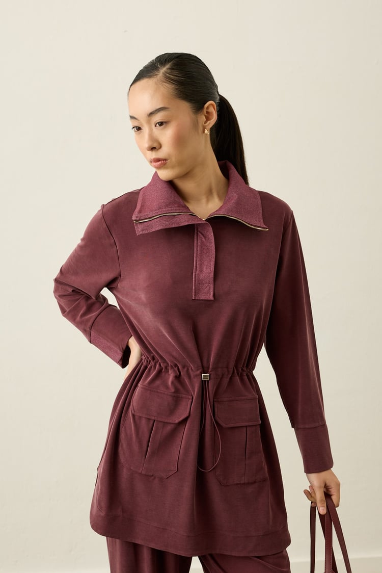 Yuki Kot Garnili Fermuarlı Tencel Pantolonlu Takım MÜRDÜM