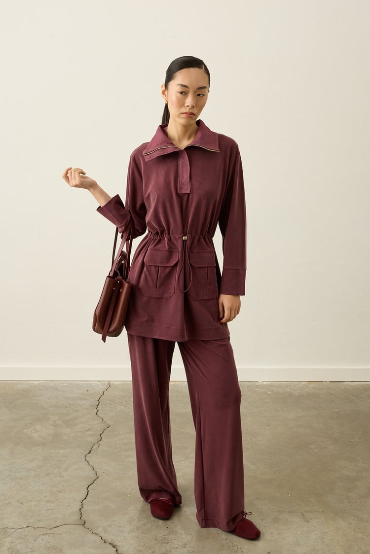 Yuki Kot Garnili Fermuarlı Tencel Pantolonlu Takım MÜRDÜM