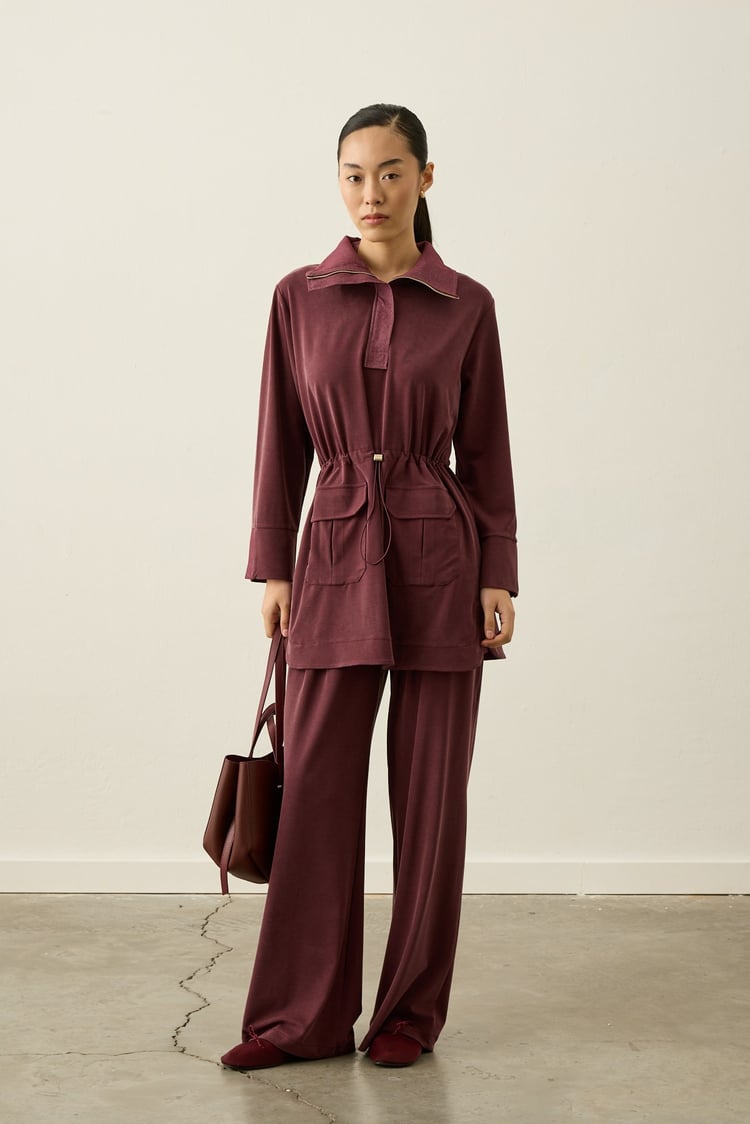 Yuki Kot Garnili Fermuarlı Tencel Pantolonlu Takım MÜRDÜM