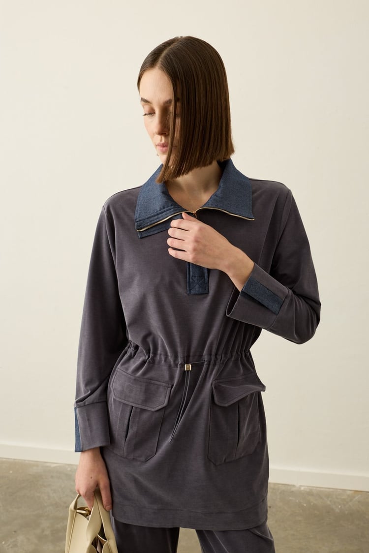 Yuki Kot Garnili Fermuarlı Tencel Pantolonlu Takım LACİVERT