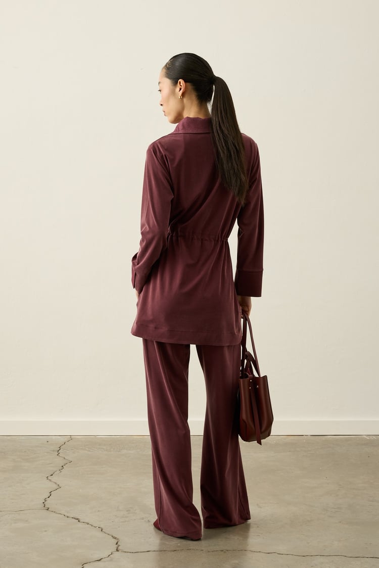 Yuki Kot Garnili Fermuarlı Tencel Pantolonlu Takım MÜRDÜM