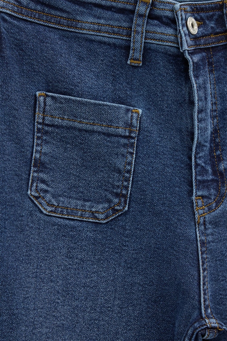 Yüksek Bel Önü Cep Detaylı Likralı Straight Jean Pantolon KOYU MAVİ
