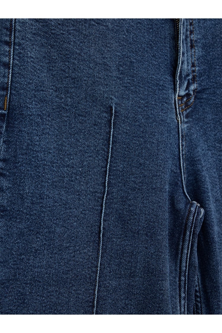 Yüksek Bel Önü Çıma Detaylı Likralı Jean Pantolon KOYU MAVİ