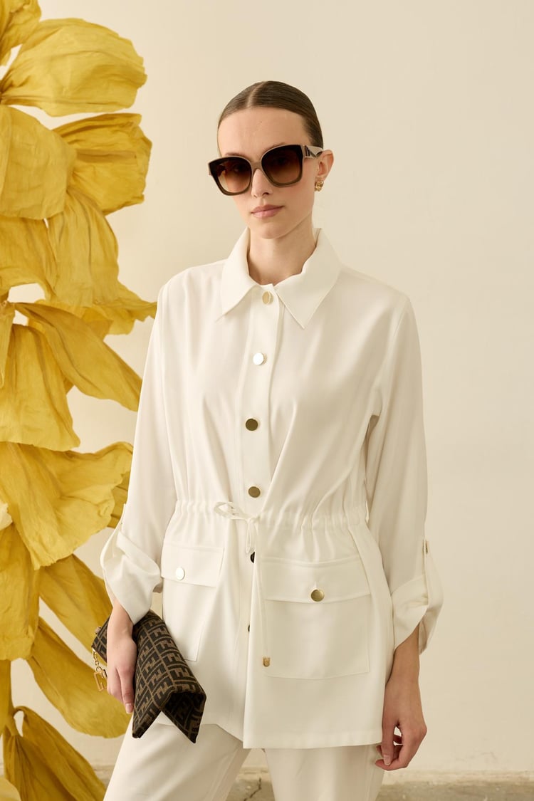 Cozy Düğmeli Beli Tünel Kuşaklı Tencel Kap BEYAZ