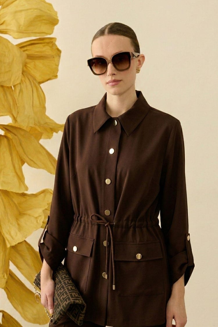Cozy Düğmeli Beli Tünel Kuşaklı Tencel Kap KAHVERENGİ