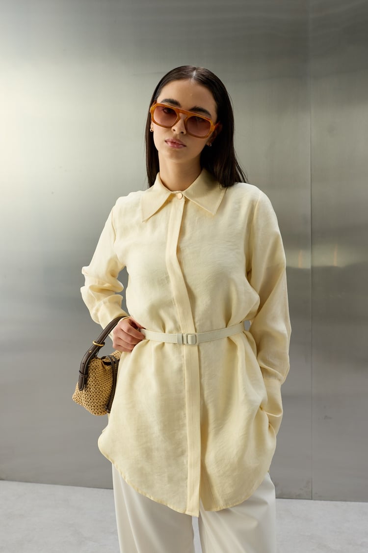 Tencel Jakarlı Düğmeli Basic Gömlek EKRU