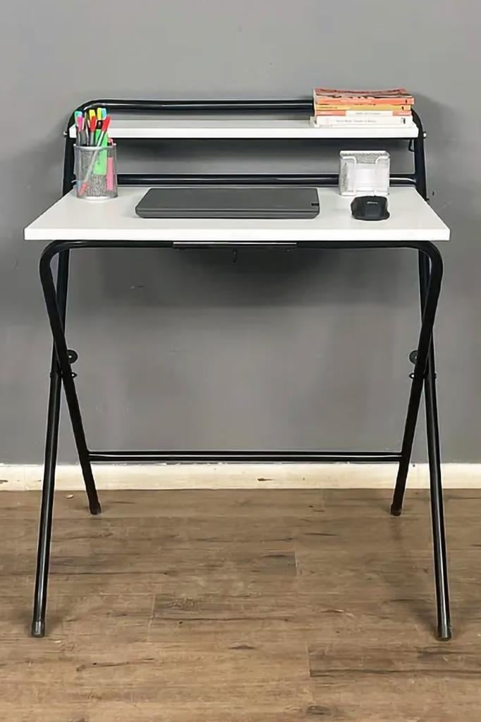 🔥 Lich Metal Ayaklı Katlanır Çalışma Masası Beyaz | Raflı Laptop Sehpası | Çizim ve Ders Masası