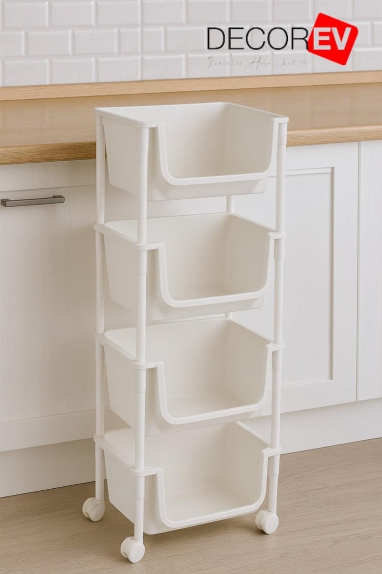 4 Katlı Tekerlekli Plastik Organizer Raf Çok Amaçlı Mutfak Banyo Ve Ofis Düzenleyici (Beyaz) DC-6823
