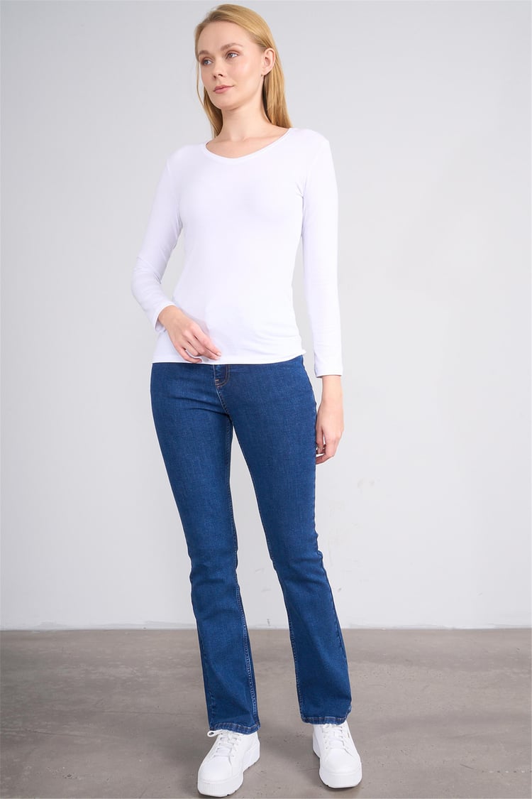 Aksoy K26 151 Beyaz Kadın V Yaka Uzun Kol Sweat