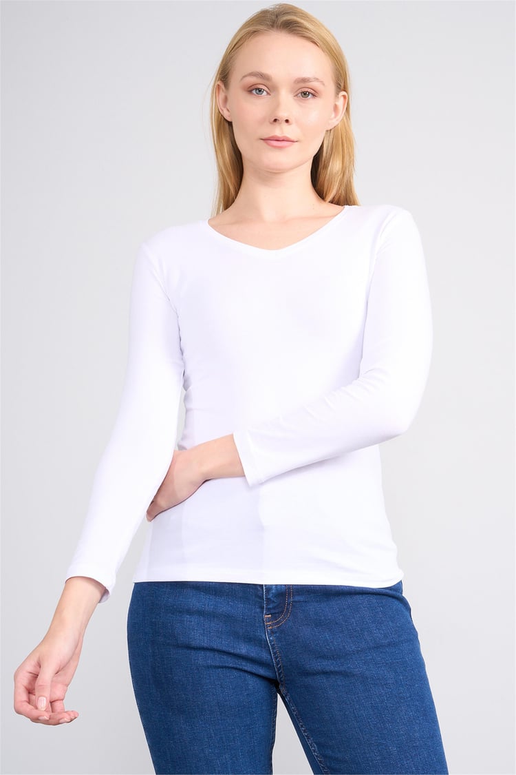 Aksoy K26 151 Beyaz Kadın V Yaka Uzun Kol Sweat
