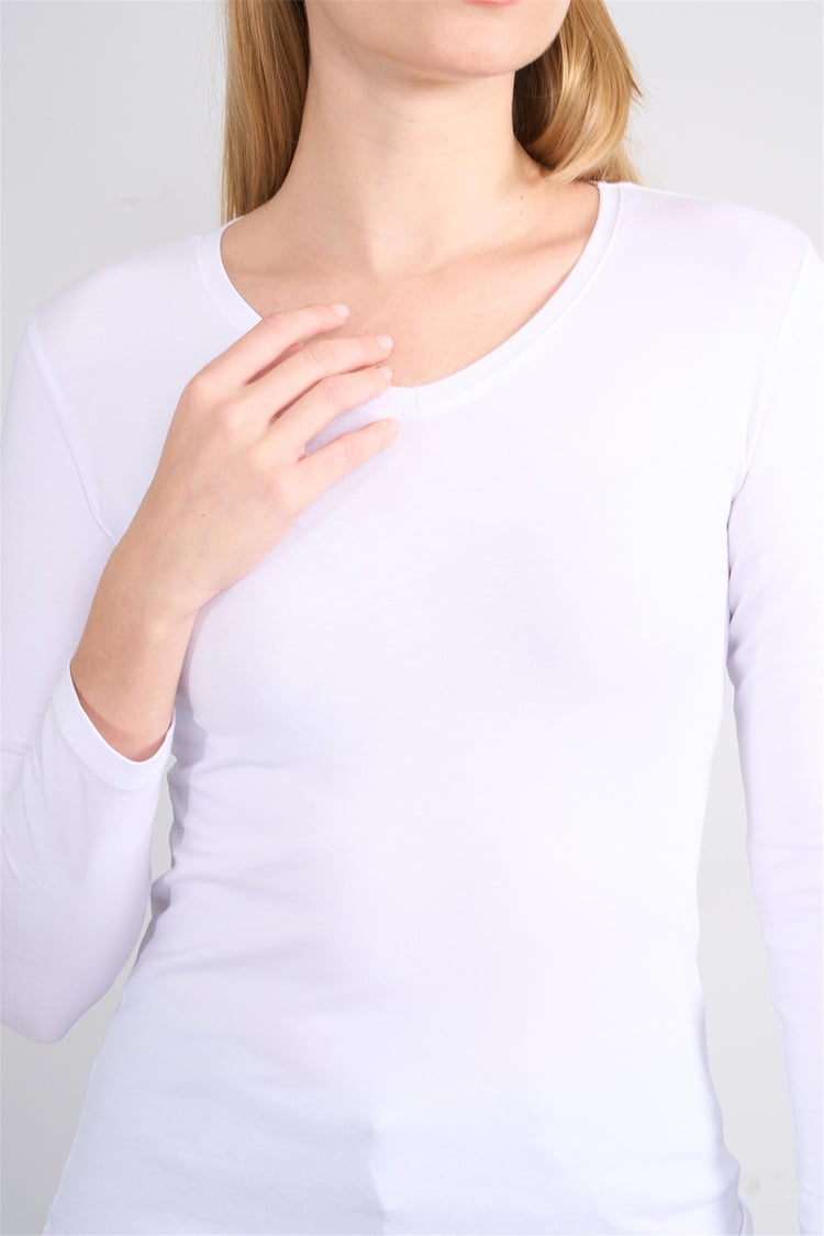 Aksoy K26 151 Beyaz Kadın V Yaka Uzun Kol Sweat