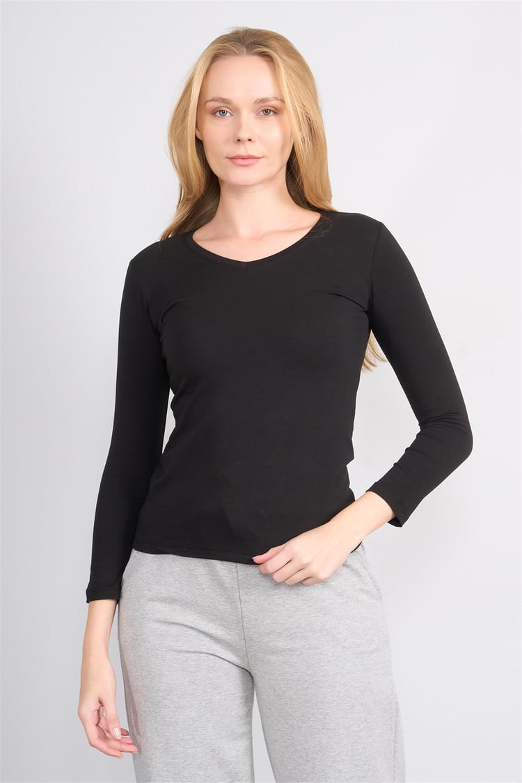 Aksoy K26 151 Sıyah Kadın V Yaka Uzun Kol Sweat