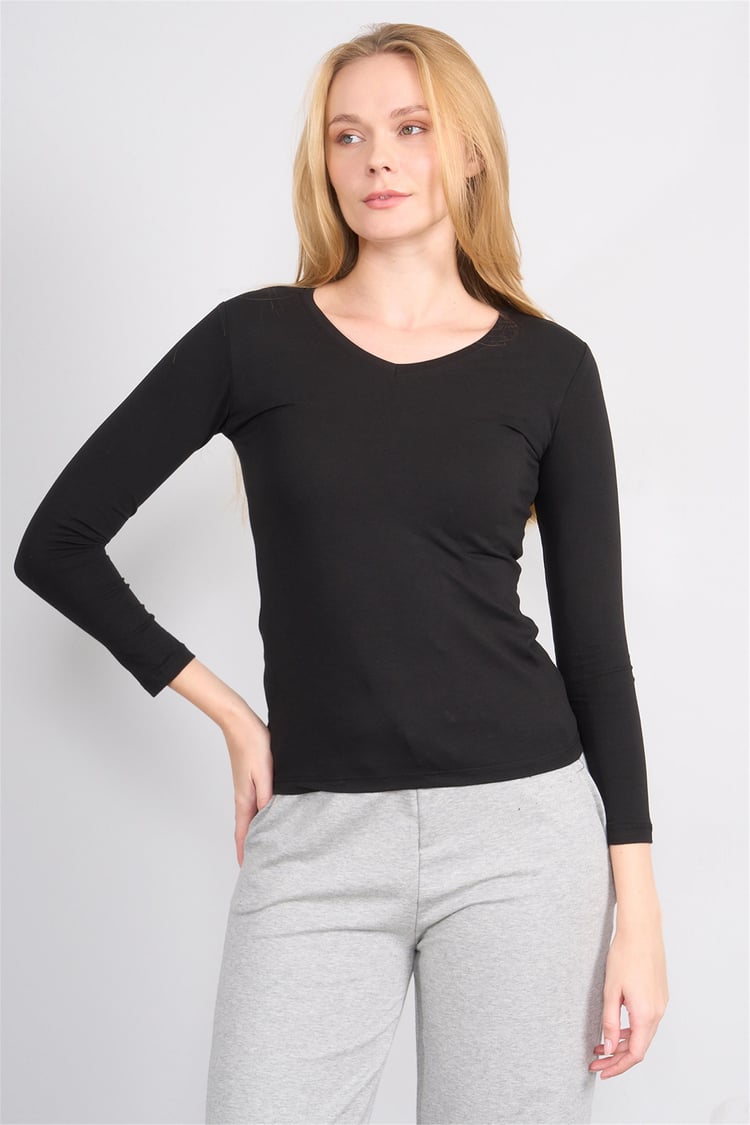 Aksoy K26 151 Sıyah Kadın V Yaka Uzun Kol Sweat