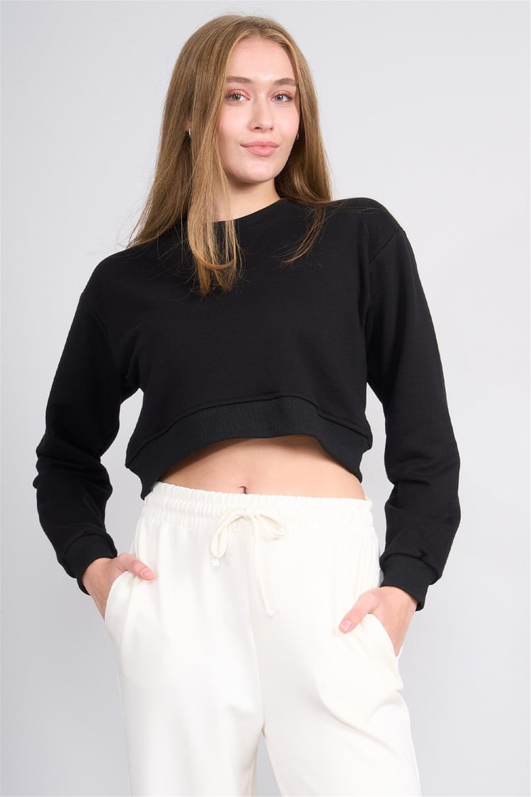 Aksoy K26 24K100-1 Sıyah Kadın O Yaka 3 Ip Sardonsuz Crop Sweat