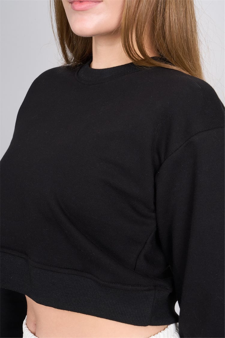 Aksoy K26 24K100-1 Sıyah Kadın O Yaka 3 Ip Sardonsuz Crop Sweat