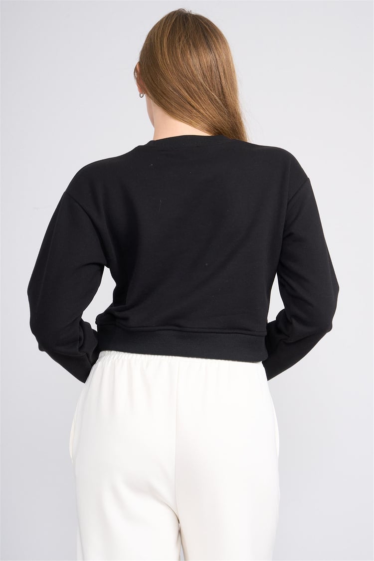 Aksoy K26 24K100-1 Sıyah Kadın O Yaka 3 Ip Sardonsuz Crop Sweat