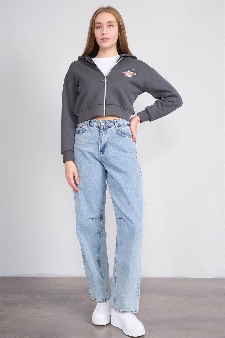 Aksoy K26 24K107 Koyugrı Kadın 3 Ip Sardonlu Fermuarlı Sweat