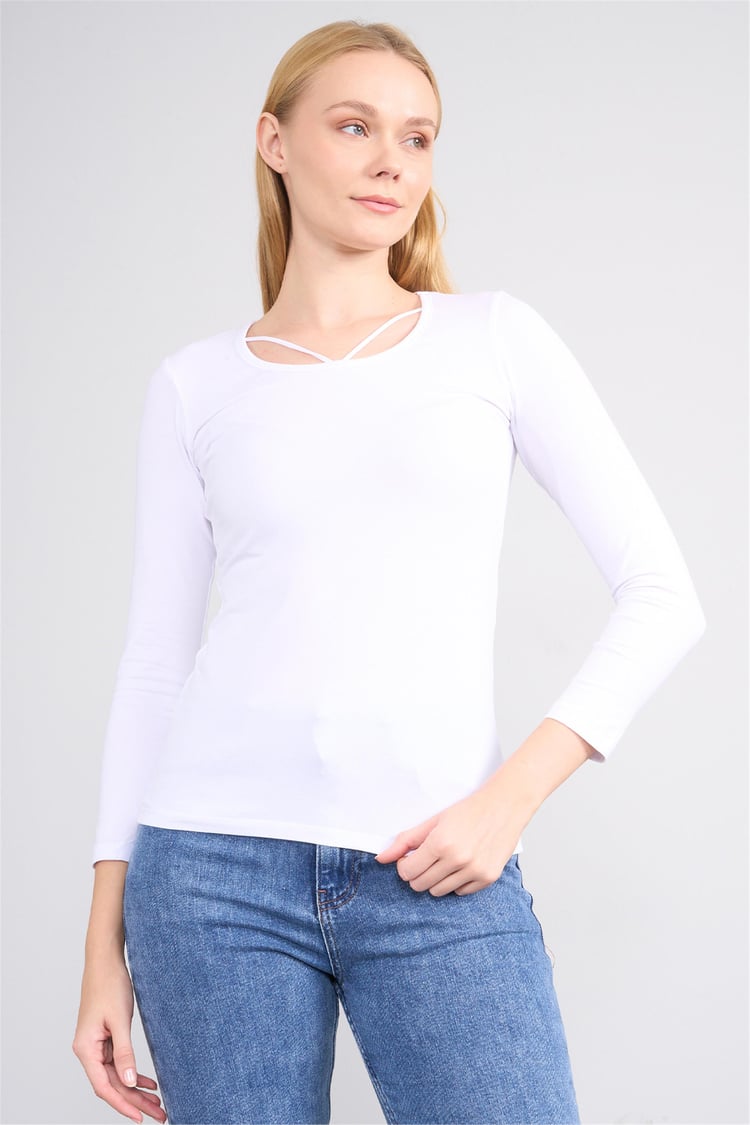 Aksoy K26 24K152 Beyaz Kadın Ön Capraz Uzun Kol Sweat