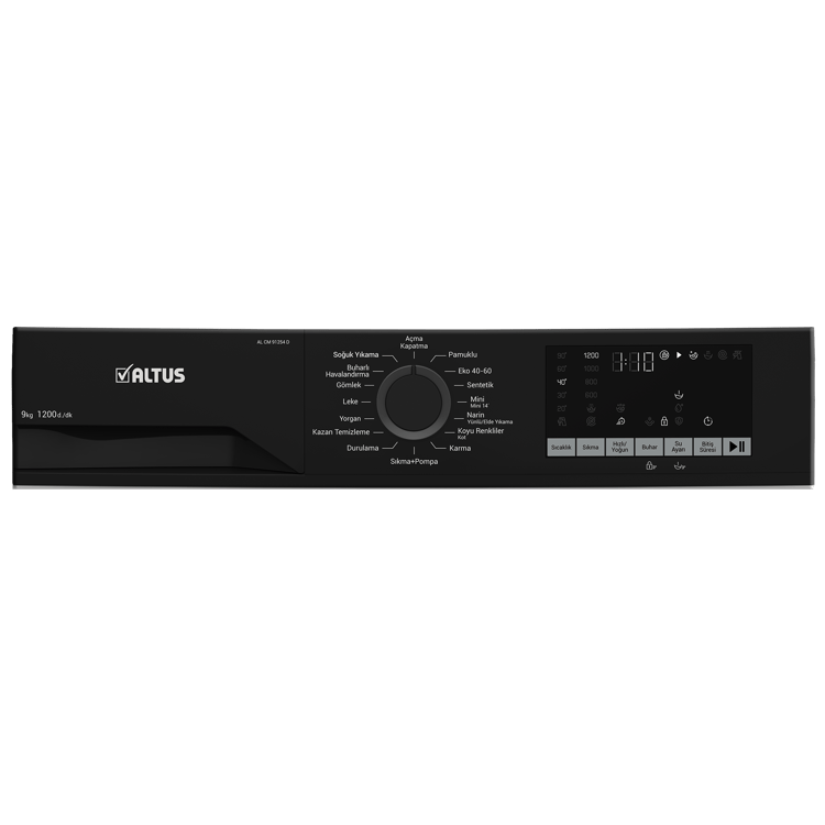 ALTUS AL CM 91254 D Çamaşır Makinesi (9 kg - 1200 Devir - Inverter Motor - Beyaz Pano/Siyah Kapak/Door Cover)