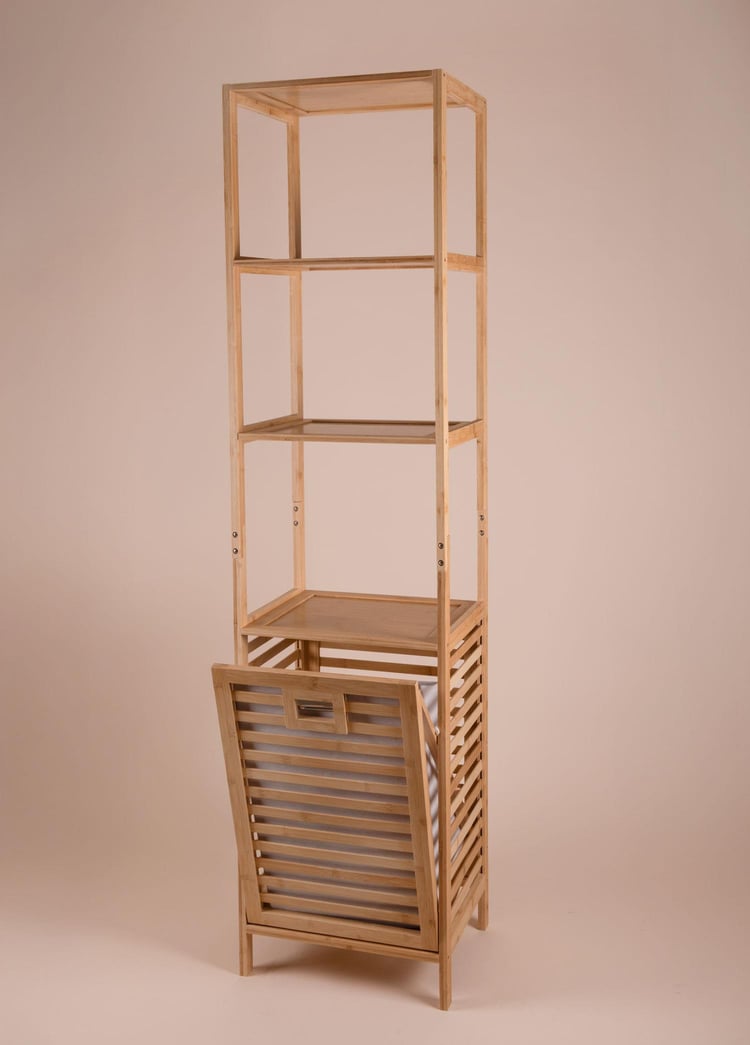 Bambu 4 Raflı Banyo Düzenleyici Dolap ve Çamaşır Sepeti 160x40x33 Cm