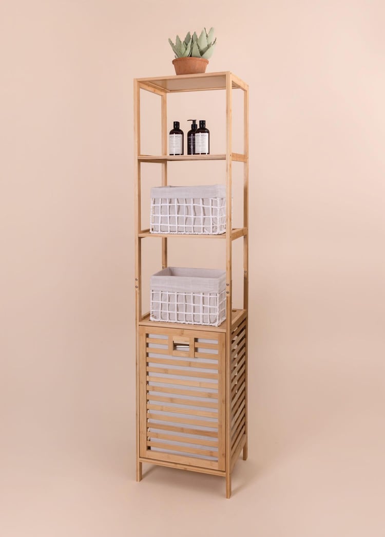 Bambu 4 Raflı Banyo Düzenleyici Dolap ve Çamaşır Sepeti 160x40x33 Cm