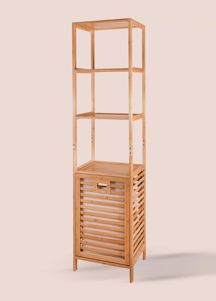 Bambu 4 Raflı Banyo Düzenleyici Dolap ve Çamaşır Sepeti 160x40x33 Cm
