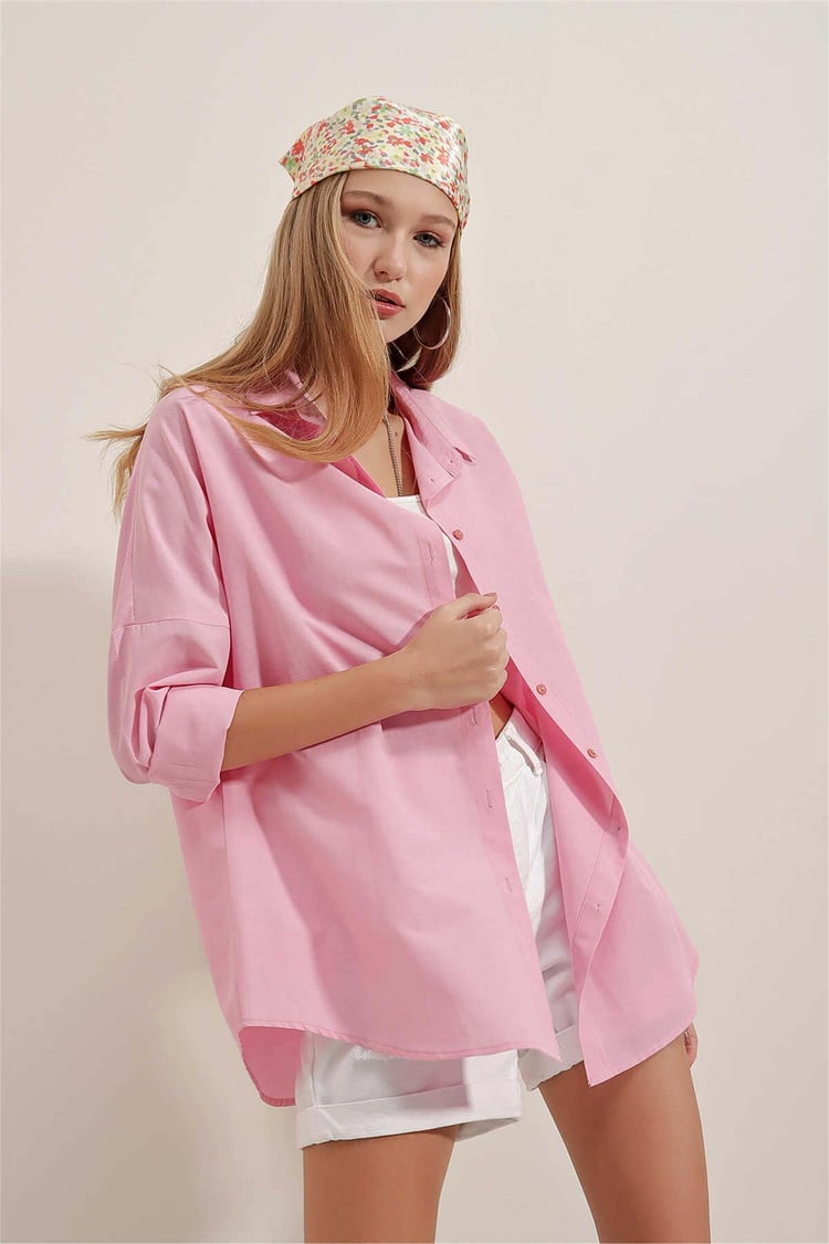 Bıgdart Y25 3900 Pembe Kadın Oversıze Uzun Basıc Gomlek