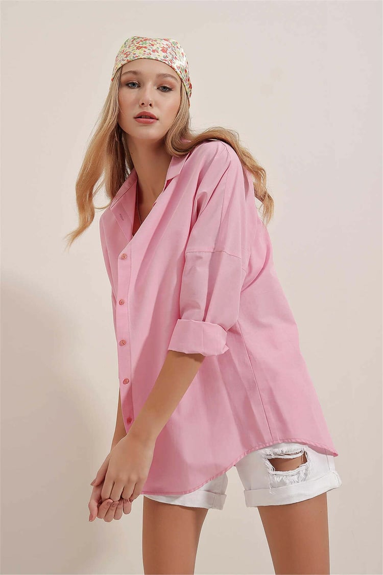 Bıgdart Y25 3900 Pembe Kadın Oversıze Uzun Basıc Gomlek