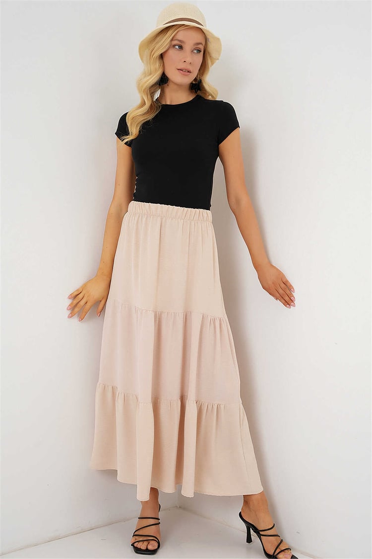 Bıgdart Y26 8048 Bej Kadın Pılıselı Saten Gorunumlu Etek