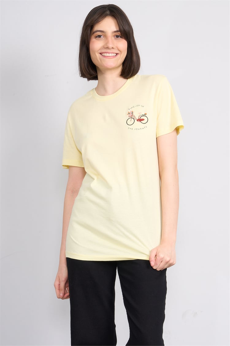 C.K Y26 8946 Fithit Kadın Bisiklet Yaka Regular Nakışlı T-shirt Uçuk Sarı