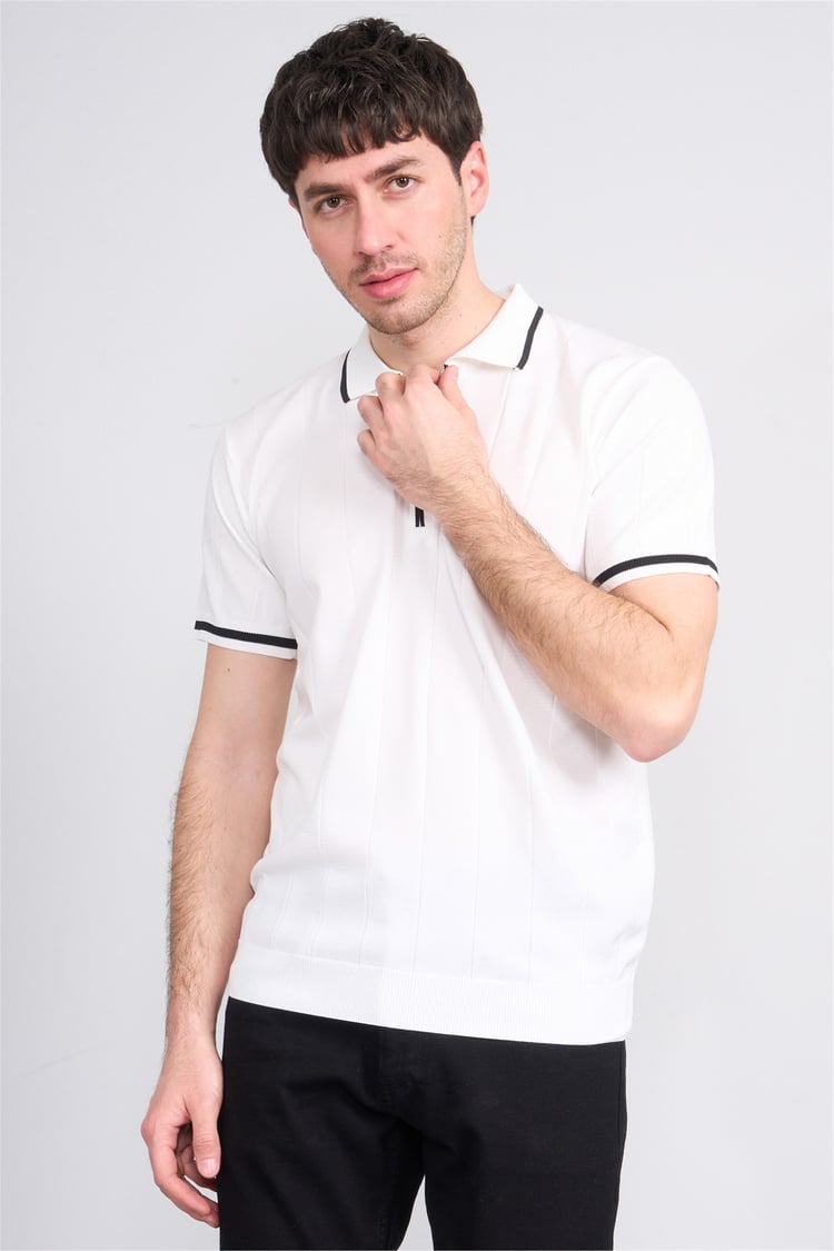 C.K Y26 829 Beyaz Erkek Triko Fermuarlı Şeritli Polo Yaka Tişört M-Xxl