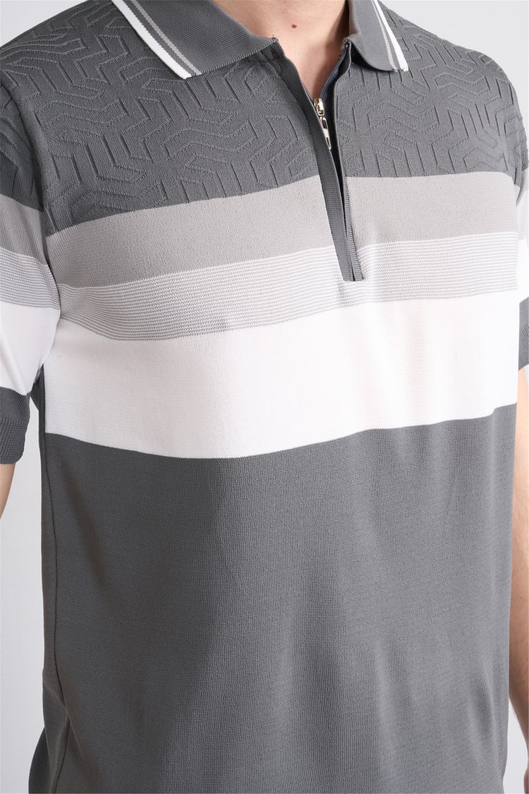 C.K Y26 811 Gri Erkek Triko Fermuarlı Polo Yaka Çizgilı Tişört M-Xxl