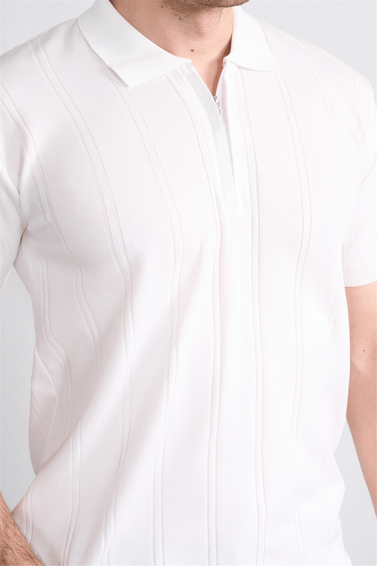 C.K Y26 812 Beyaz Erkek Triko Fermmuarlı Şeritli Polo Yaka Tişört M-Xxl