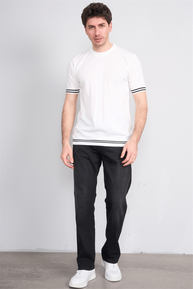 C.K Y26 828 Beyaz Erkek Triko Bisiklet Yaka Nakış Detaylı Şeritli Tişört M-Xxl