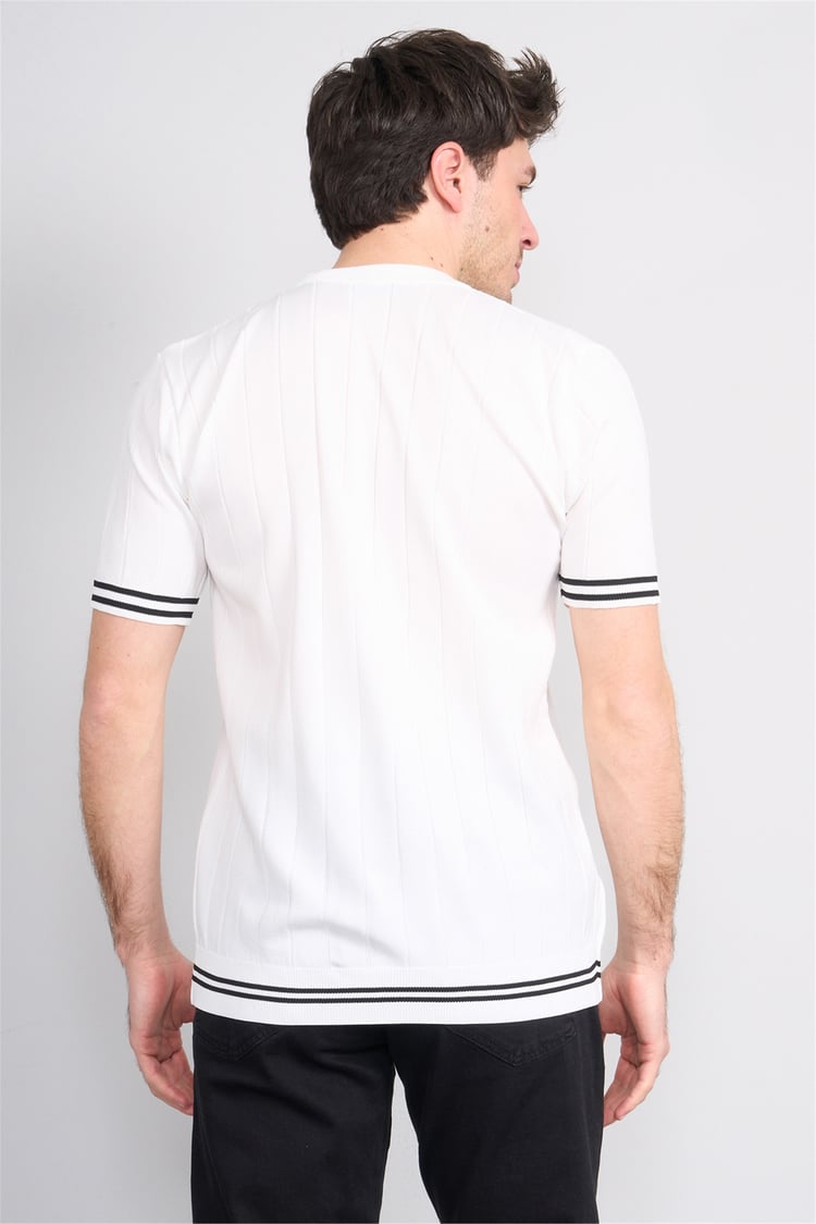 C.K Y26 828 Beyaz Erkek Triko Bisiklet Yaka Nakış Detaylı Şeritli Tişört M-Xxl